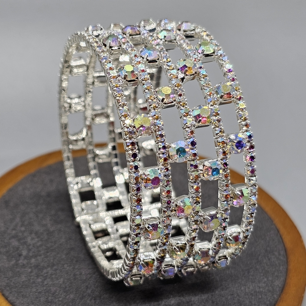 Macy's Silver Plated Crystal Open Bangle Aurora Borealis